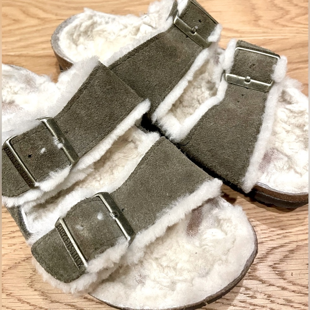 Birkenstock Arizona shearling suede leather sandal sz US 7-7.5 38 unisex olive - Picture 2 of 9